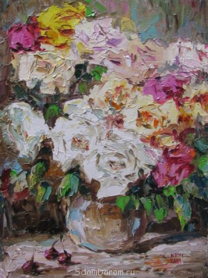 Купить картину вы можете у профессиональных художников - Розы летом, холст масло, 19 х 14 см., 2011 г..jpg